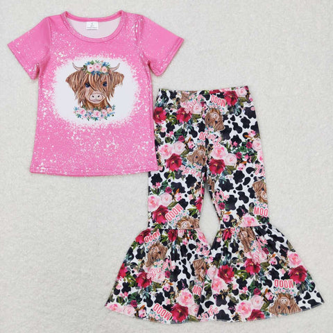 GSPO1024 cow flower pink short sleeve shirt and bell bottom girl outfits