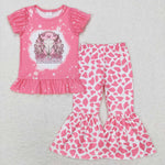 GSPO1052  cow pink short sleeve shirt and pants girl outfits