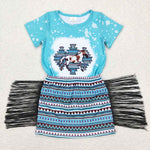 GSD0607  blue short sleeve shirt and shorts girls outfits