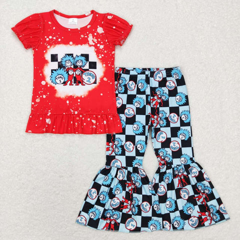 GSPO1084  red blue black short sleeve shirt and pants girl outfits