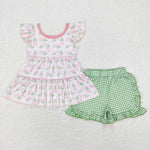 GSSO0440 flower green short sleeve shirt and shorts girl outfits