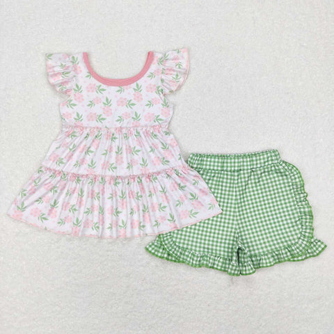 GSSO0440 flower green short sleeve shirt and shorts girl outfits