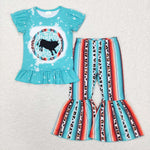 GSPO1051  cow blue short sleeve shirt and pants girl outfits