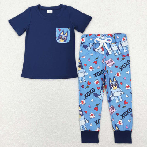 BSPO0271 Valentine's Day dog heart blue short sleeve shirt and pants  boy outfits