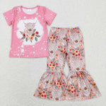 GSPO1079 cow flower short sleeve shirt and pants girl outfits