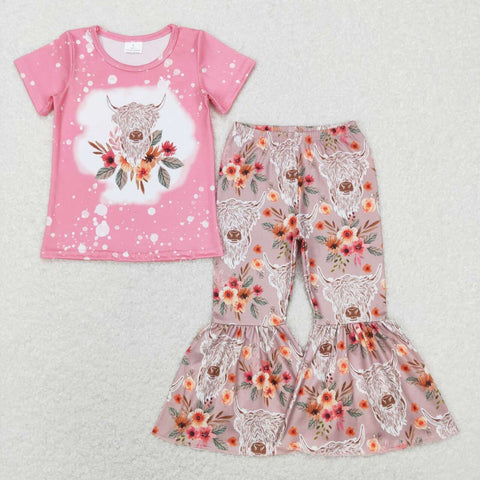 GSPO1079 cow flower short sleeve shirt and pants girl outfits