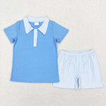 BSSO0402 blue short sleeve shirt and shorts boy outfits