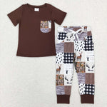 BSPO0250  deer brown short sleeve shirt and pants boy outfits