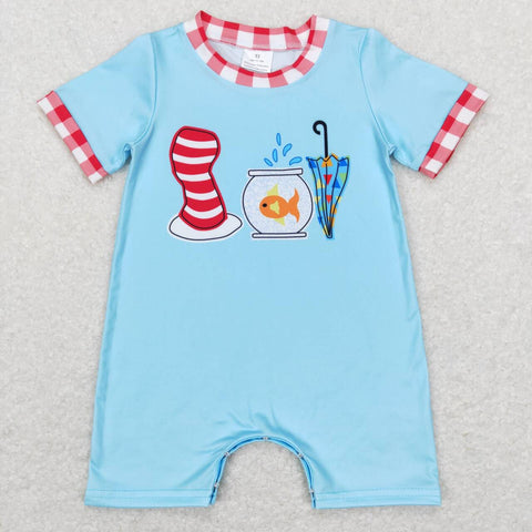 SR0767-- fish umbrellas blue Short sleeve romper