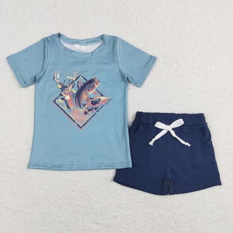 BSSO0315 blue deer fish short sleeve shirt and shorts boy outfits