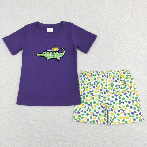 BSSO0410-- purple crocodile Embroidery short sleeve shirt and shorts boy outfits