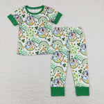 BSPO0251  dog green leaves short sleeve shirt and long pants boy outfits
