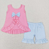 GSSO0438  pink short sleeve shirt and blue shorts girl outfits