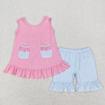 GSSO0438  pink short sleeve shirt and blue shorts girl outfits