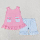 GSSO0438  pink short sleeve shirt and blue shorts girl outfits