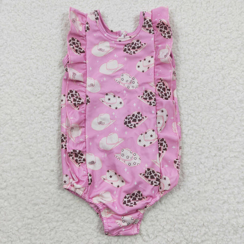 Kids summer pink cowgirl ruffle swimwear