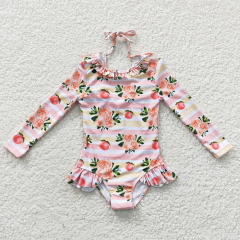 Kids Peach Flower Long Sleeve Swimwear (with chest pad for 10-12T & 14-16T)