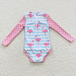 Flamingo print girls dotted long sleeve swimwear (with chest pad for 10-12T & 14-16T)