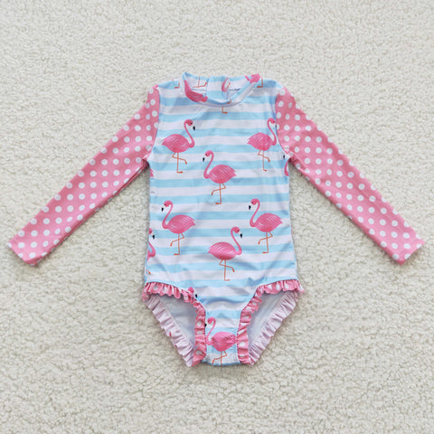 Flamingo print girls dotted long sleeve swimwear (with chest pad for 10-12T & 14-16T)