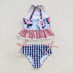 Girl summer flower plaid 2pcs swimsuit (with chest pad for 10-12T & 14-16T)