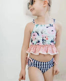 Girl summer flower plaid 2pcs swimsuit (with chest pad for 10-12T & 14-16T)