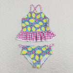 S0219  baby girl clothes lemon pink plaid summer swimsuit