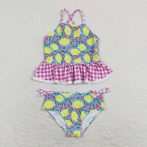 S0219  baby girl clothes lemon pink plaid summer swimsuit