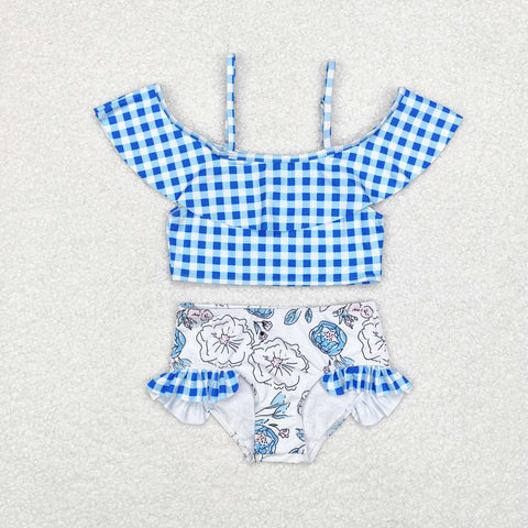 S0254  baby girl clothes blue floral girl summer swimsuit