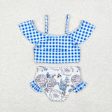 S0254  baby girl clothes blue floral girl summer swimsuit