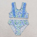 S0279  baby girl clothes blue green floral girl summer swimsuit