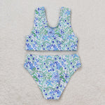 S0279  baby girl clothes blue green floral girl summer swimsuit