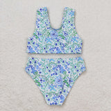 S0279  baby girl clothes blue green floral girl summer swimsuit