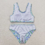 S0279  baby girl clothes blue green floral girl summer swimsuit