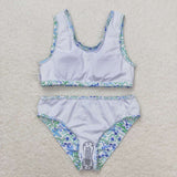 S0279  baby girl clothes blue green floral girl summer swimsuit