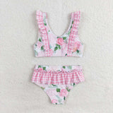 S0318  baby girl clothes pink floral girl summer swimsuit