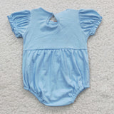 Farm embroidery little girls blue romper