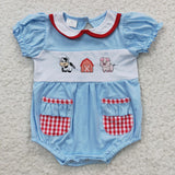 Farm embroidery little girls blue romper