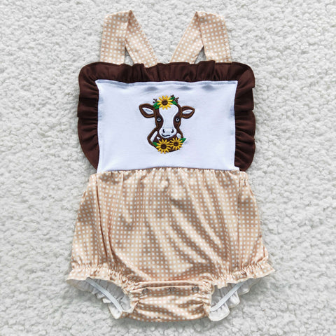 Toddler girls cow embroidery ruffle romper