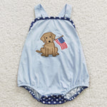 July 4th little boys embroidery dog blue romper