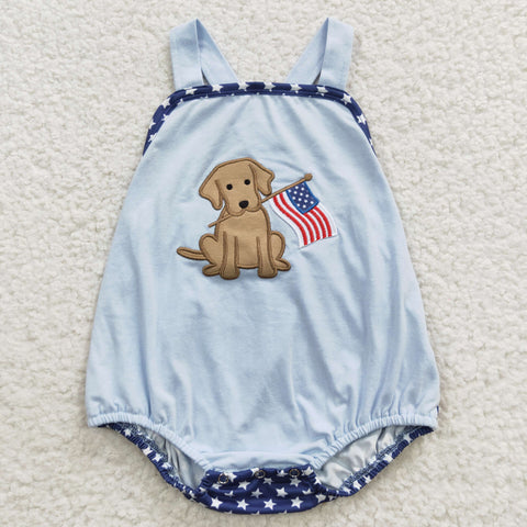 July 4th little boys embroidery dog blue romper