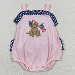 July 4th little girls dog embroidery pink romper