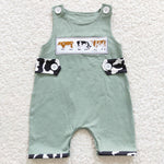 Cows embroidery toddler boys green romper