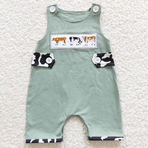 Cows embroidery toddler boys green romper