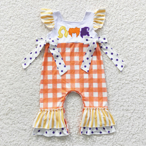 Kids embroidery orange plaid fall romper