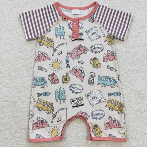 Adventure fishing bus print little boy romper