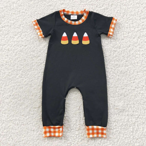 Newborn boy candy corns embroidery fall black romper