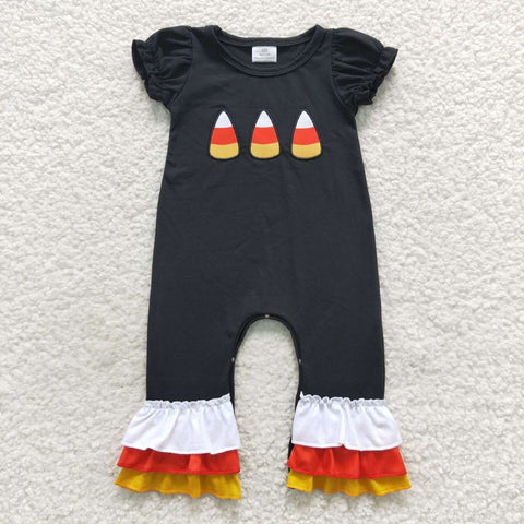 Newborn girl candy corns embroidery fall black romper