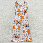 Girl halloween pumpkin floral sleeveless jumpsuit