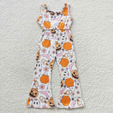 Girl halloween pumpkin floral sleeveless jumpsuit