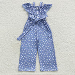 Girl blue dotted belt off shoulder jumpsuit